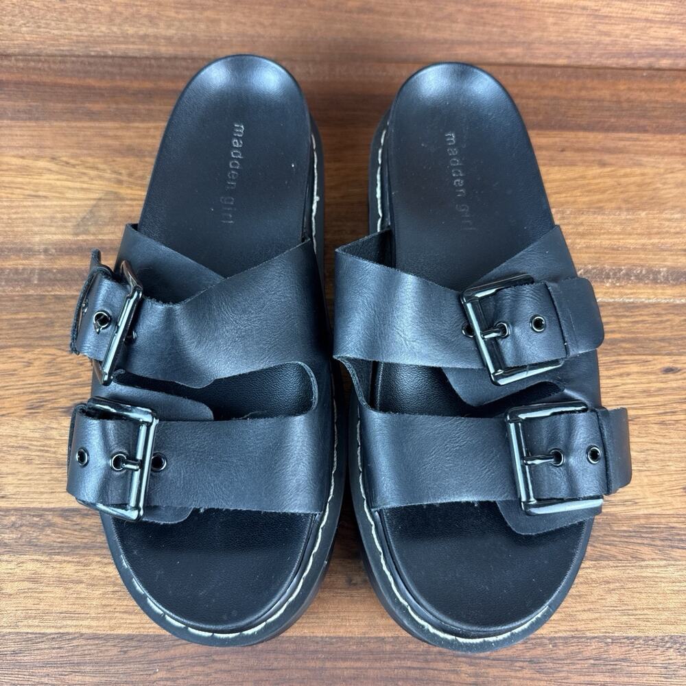 Madden Girl Black Dizzy Platform Straps Chunky Lug Slip On Sandals Size 7.5